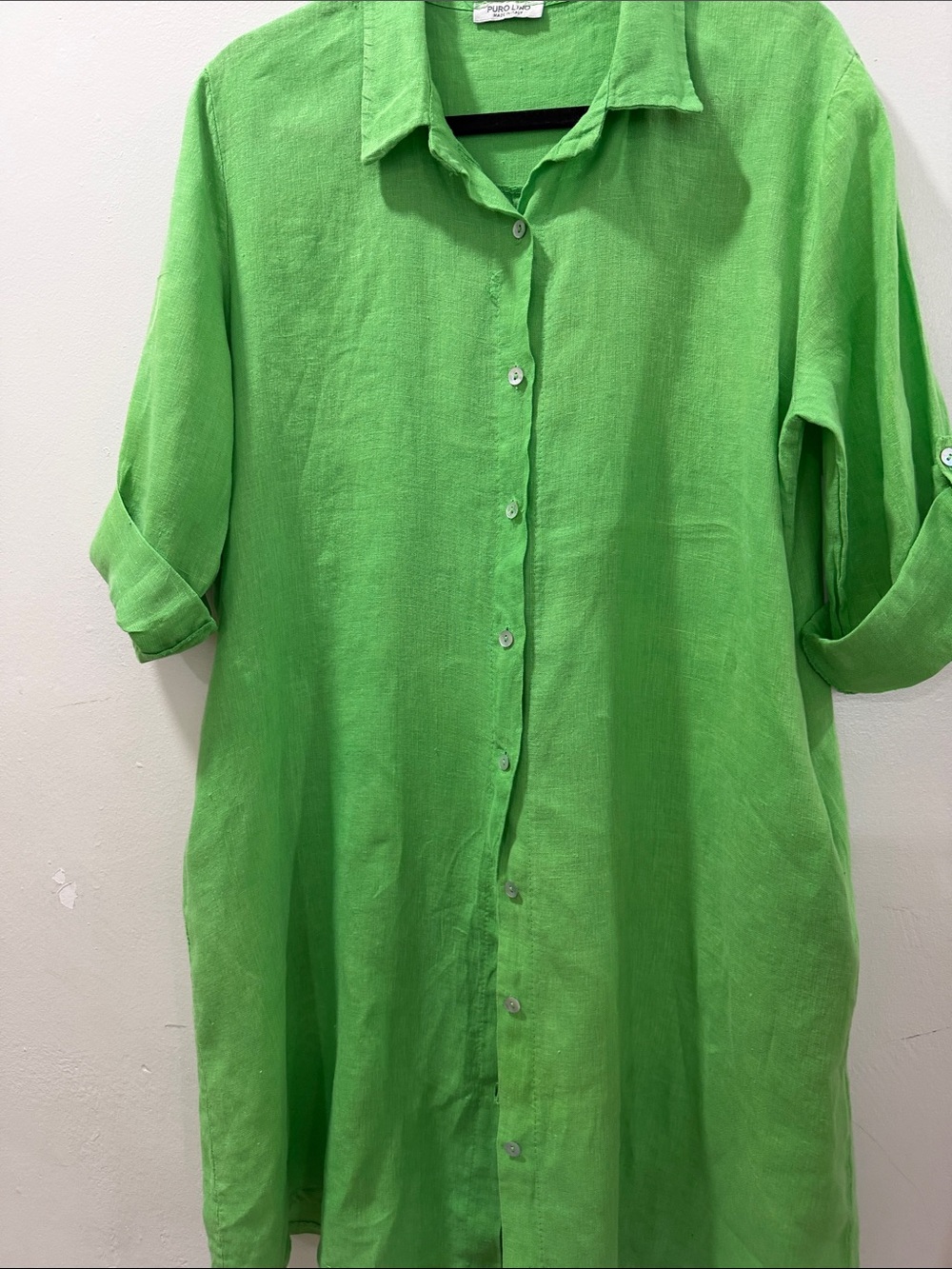 Puro Lino Made in Italy Men's XL Green Linen Button Down Shirt Roll Tab Sleeves